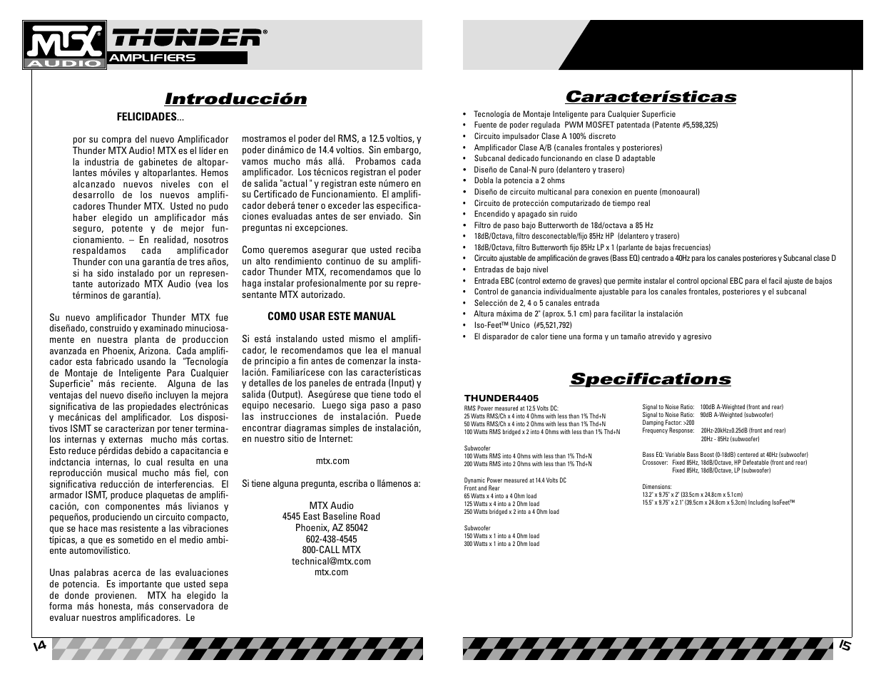 Introducción, Características specifications, Esp a ñ ol | MTX Audio 4405 User Manual | Page 8 / 15