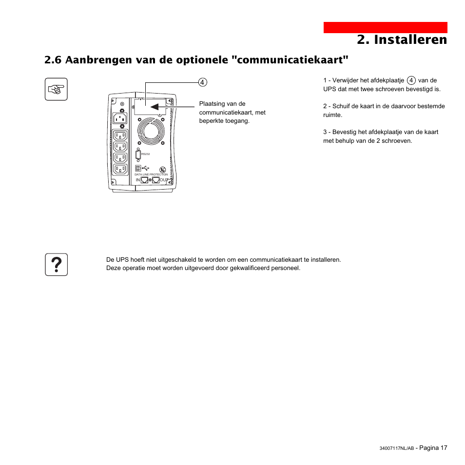 Installeren, 6 aanbrengen van de optionele "communicatiekaart | MGE UPS Systems 800 Rack User Manual | Page 178 / 196