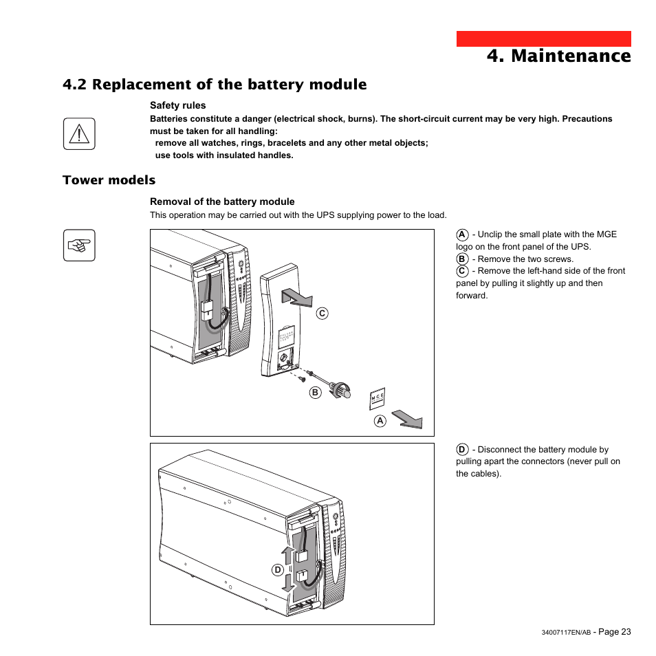 Maintenance, 2 replacement of the battery module, Tower models | MGE UPS Systems 800 Rack User Manual | Page 24 / 196