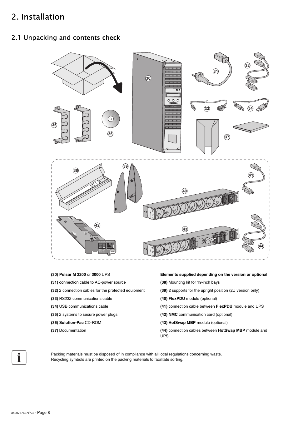 Installation, 1 unpacking and contents check | MGE UPS Systems Pulsar M 2200 RT 2U User Manual | Page 8 / 24