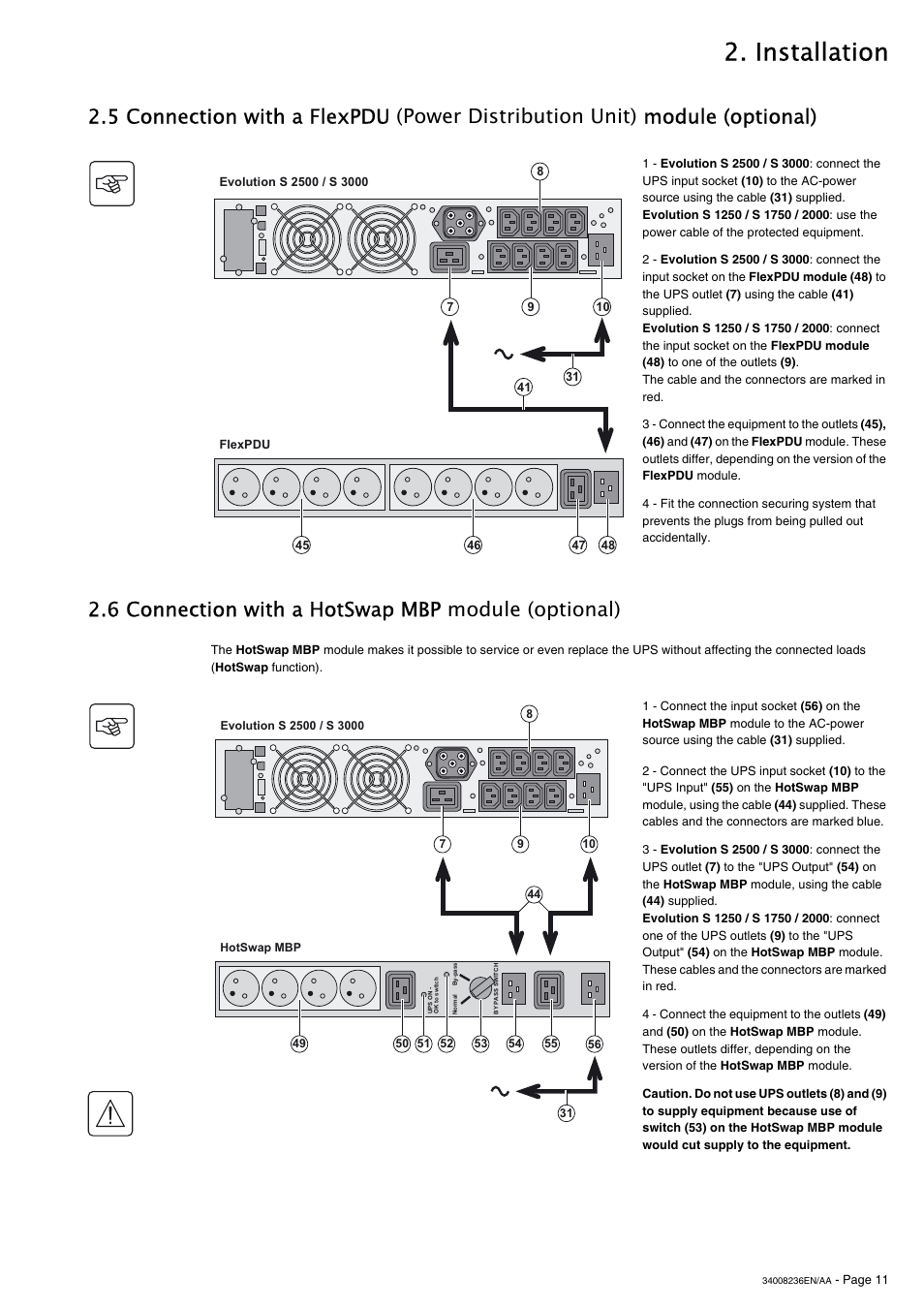 Installation, 6 connection with a hotswap mbp module (optional) | MGE UPS Systems S 1750 RT 2U User Manual | Page 11 / 22