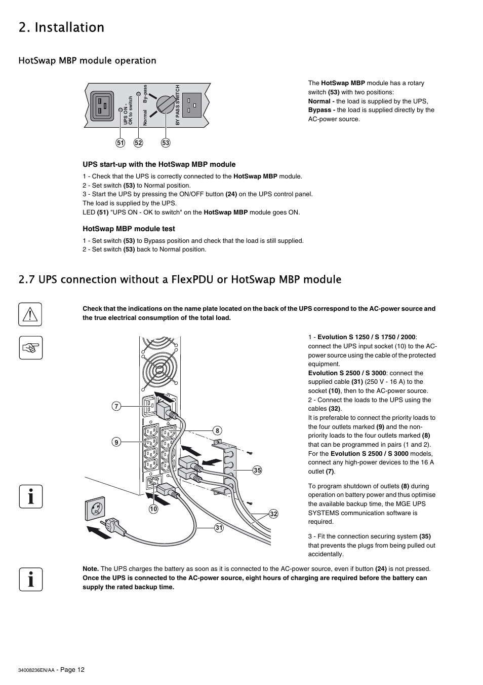 Installation, Hotswap mbp module operation | MGE UPS Systems S 1750 RT 2U User Manual | Page 12 / 22