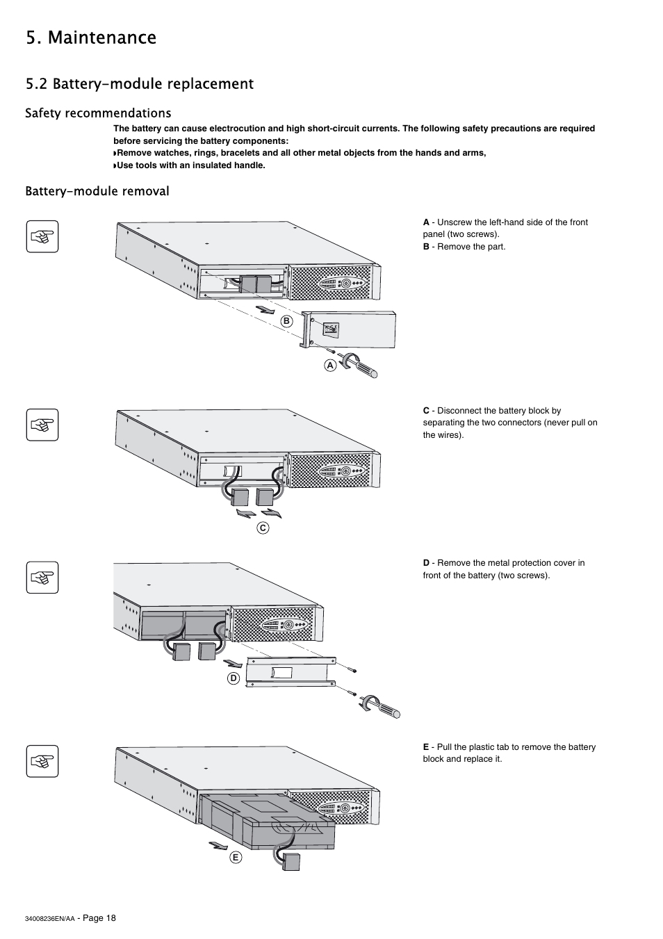 Maintenance, 2 battery-module replacement, Safety recommendations | Battery-module removal | MGE UPS Systems S 1750 RT 2U User Manual | Page 18 / 22