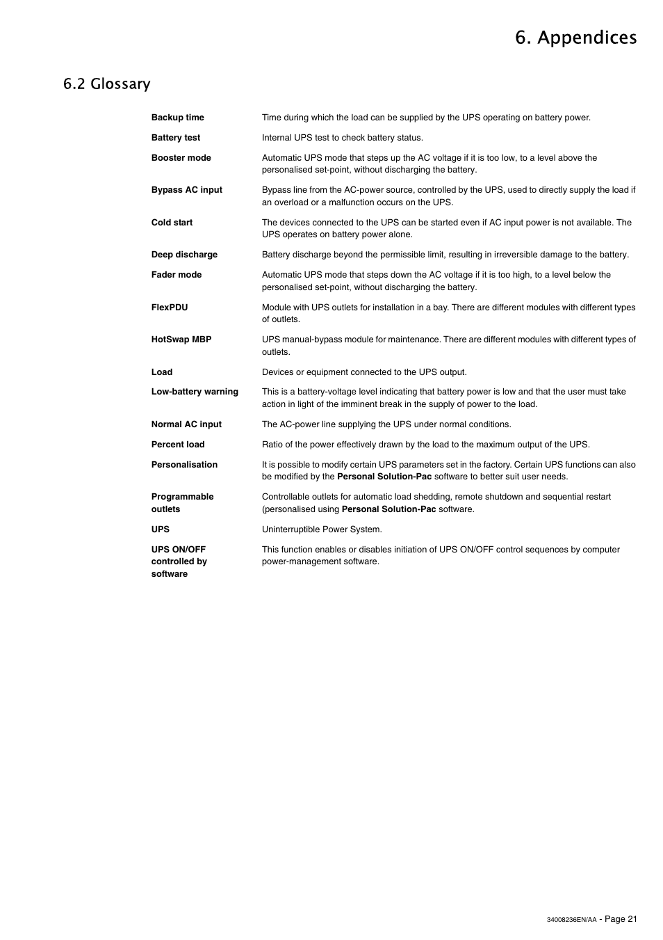 Appendices, 2 glossary | MGE UPS Systems S 1750 RT 2U User Manual | Page 21 / 22