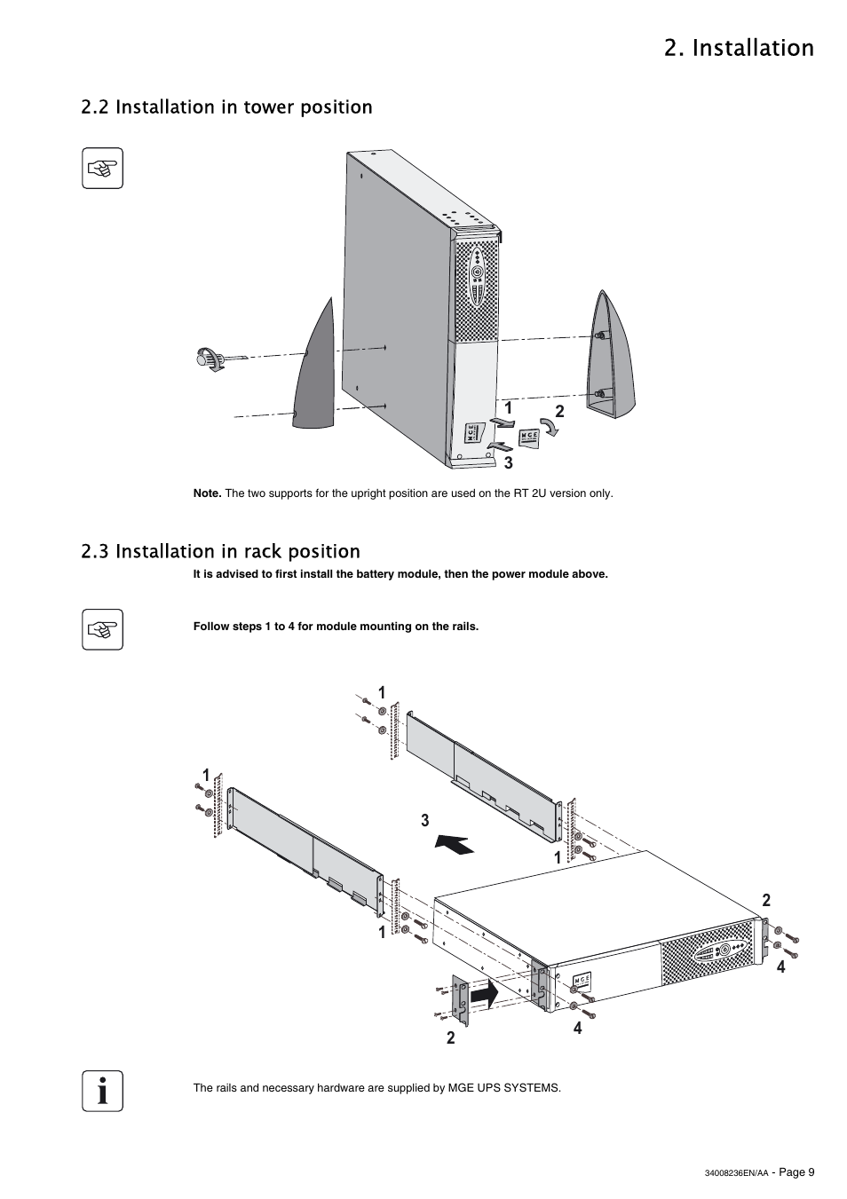 Installation, 2 installation in tower position, 3 installation in rack position | MGE UPS Systems S 1750 RT 2U User Manual | Page 9 / 22
