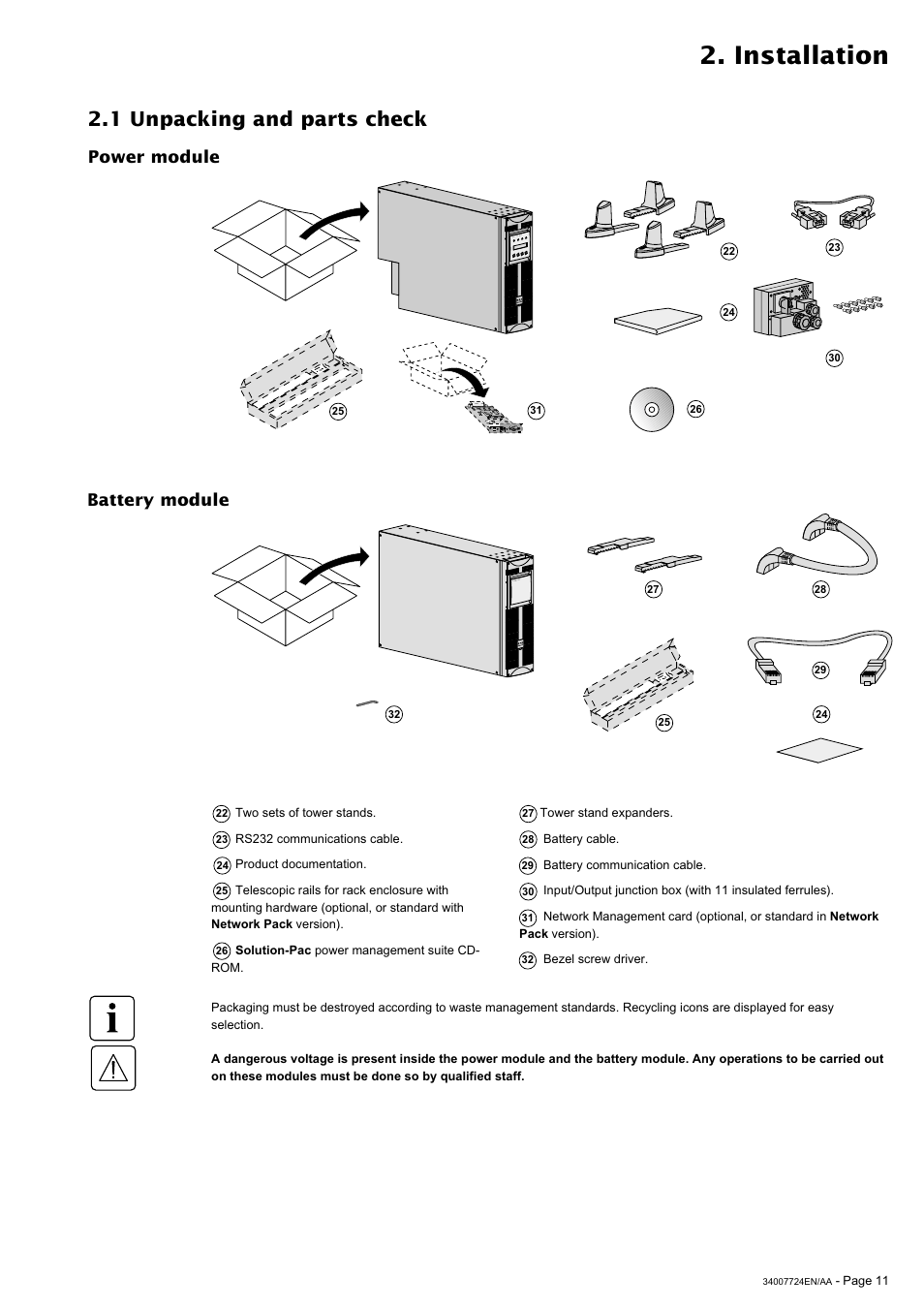 Installation, 1 unpacking and parts check, Power module battery module | MGE UPS Systems Comet EX 11 RT 3:1 User Manual | Page 11 / 38