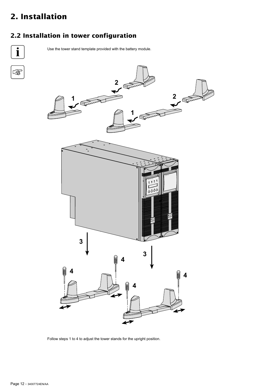 Installation, 2 installation in tower configuration | MGE UPS Systems Comet EX 11 RT 3:1 User Manual | Page 12 / 38