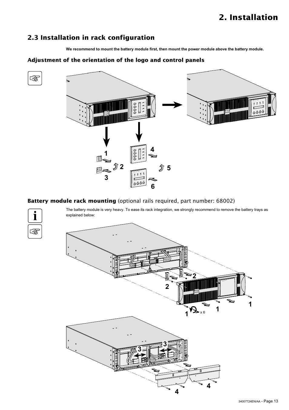 Installation, 3 installation in rack configuration | MGE UPS Systems Comet EX 11 RT 3:1 User Manual | Page 13 / 38