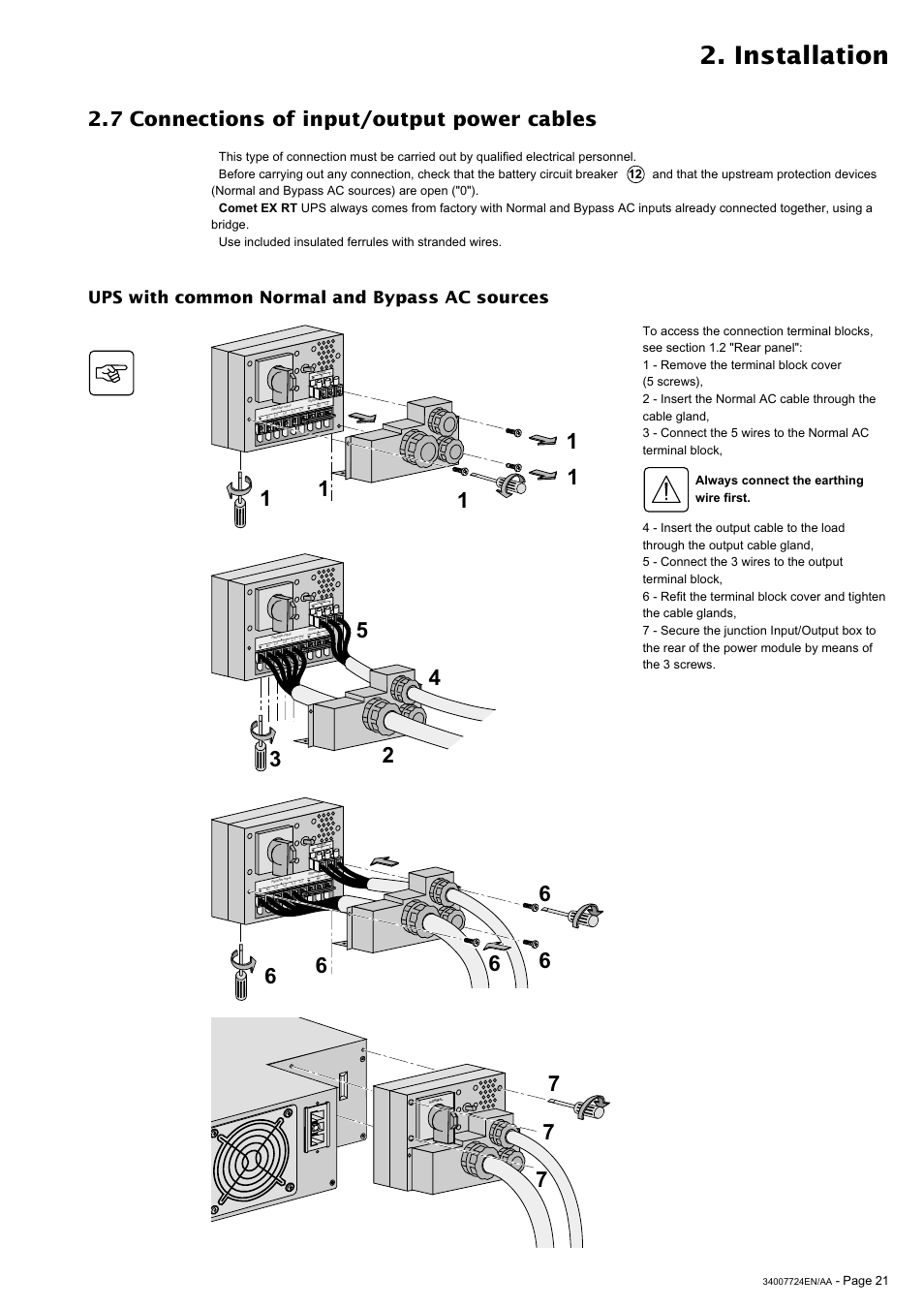 Installation, 7 connections of input/output power cables, Ups with common normal and bypass ac sources | Card settings rs232 download | MGE UPS Systems Comet EX 11 RT 3:1 User Manual | Page 21 / 38