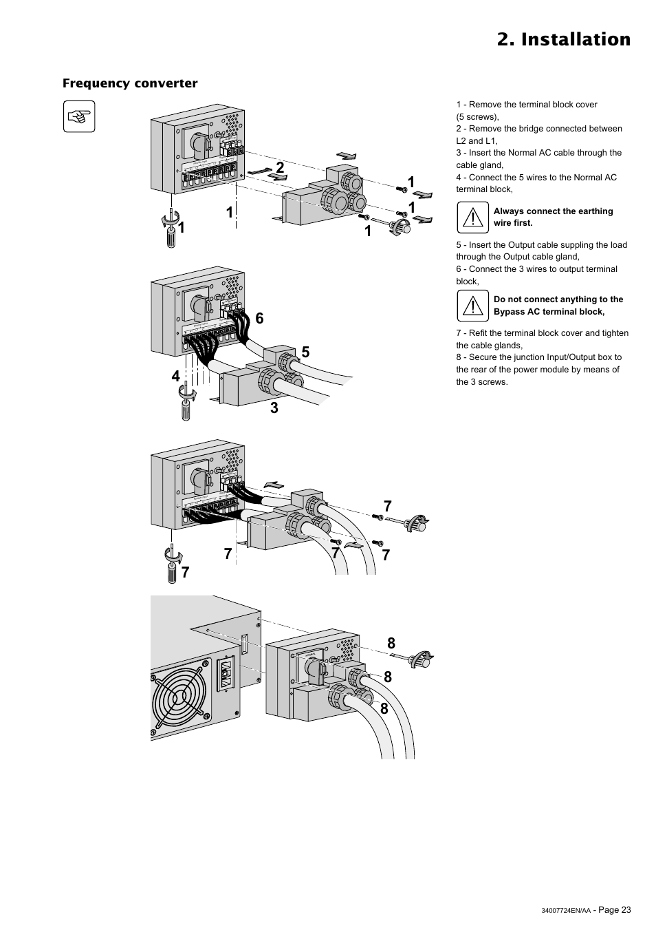 Installation, Frequency converter, Card settings rs232 download | MGE UPS Systems Comet EX 11 RT 3:1 User Manual | Page 23 / 38