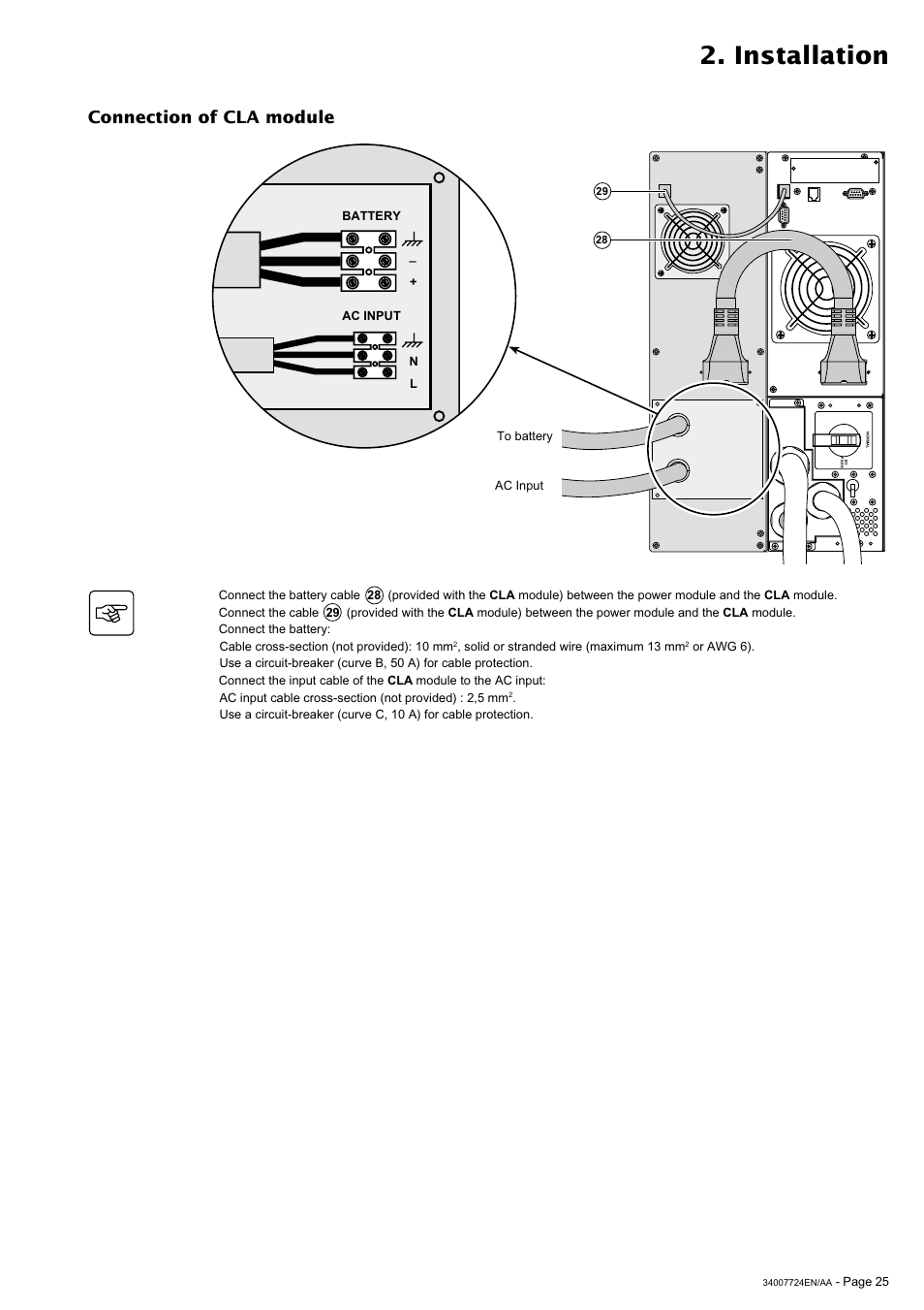 Installation, Connection of cla module | MGE UPS Systems Comet EX 11 RT 3:1 User Manual | Page 25 / 38