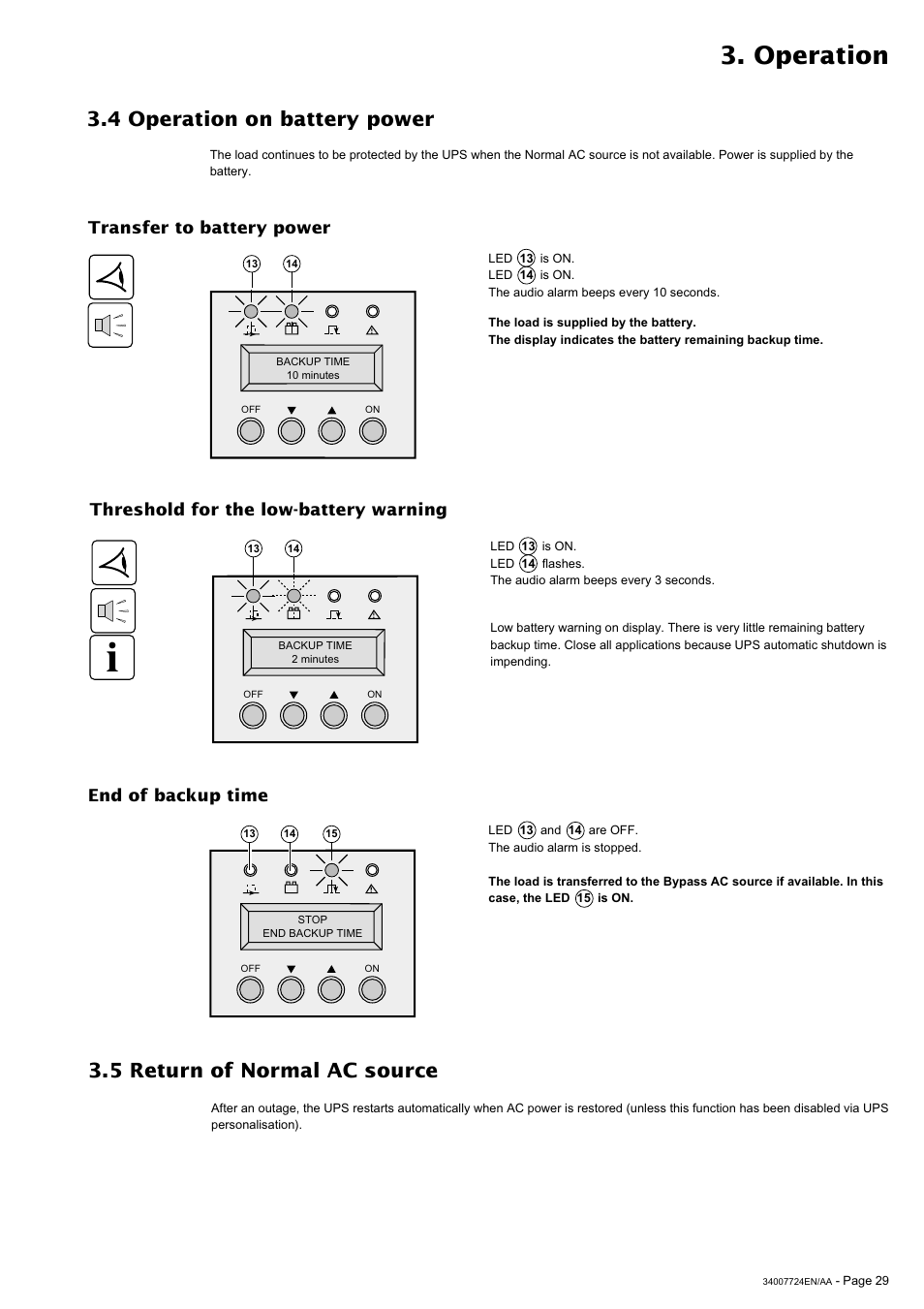 Operation, 5 return of normal ac source, 4 operation on battery power | Transfer to battery power | MGE UPS Systems Comet EX 11 RT 3:1 User Manual | Page 29 / 38