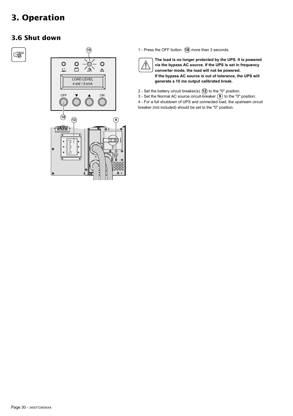 Operation, 6 shut down | MGE UPS Systems Comet EX 11 RT 3:1 User Manual | Page 30 / 38
