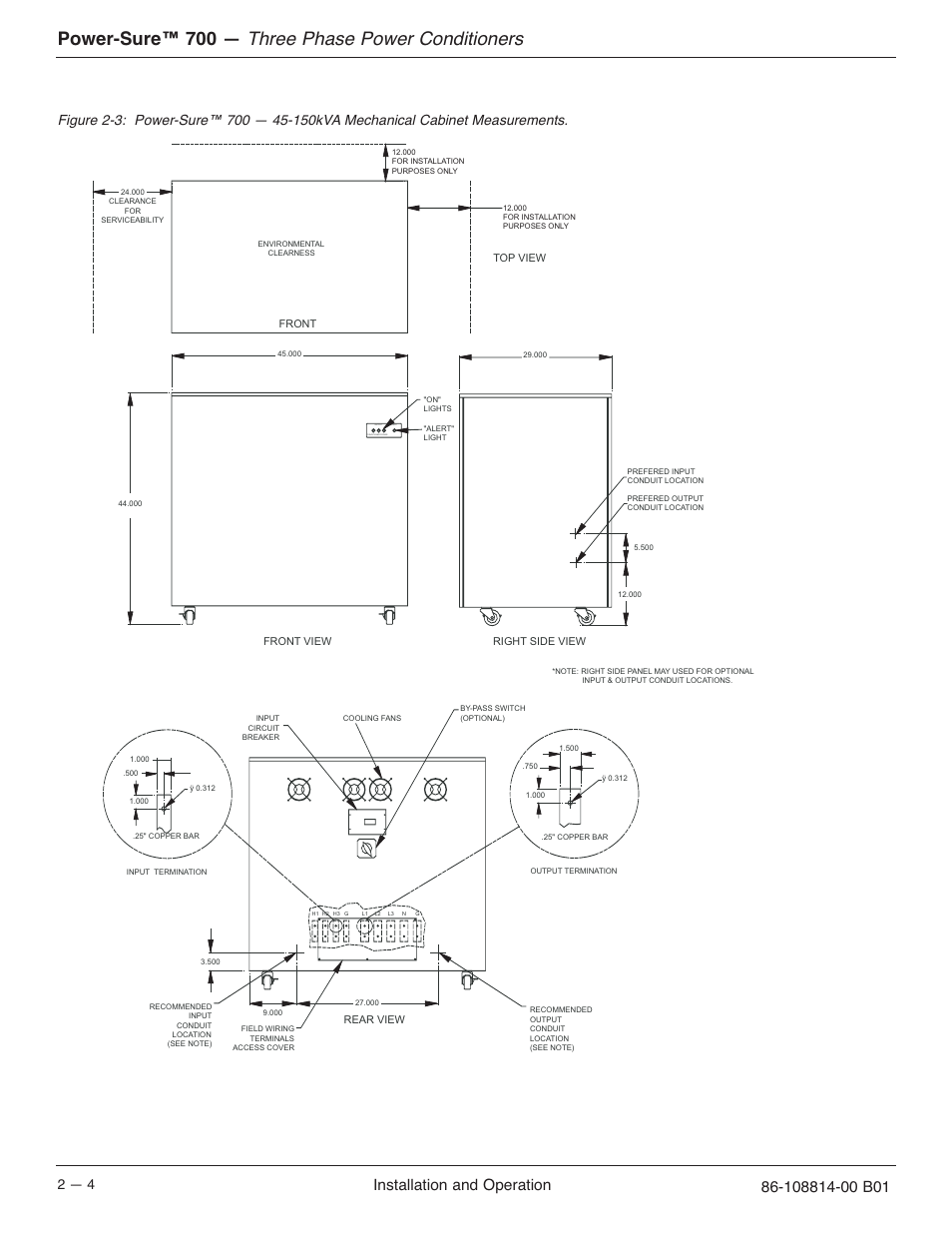 Three phase power conditioners, Power-sure™ 700, Installation and operation | Aoutput bc conditioned power alert | MGE UPS Systems POWER-SURE 700 User Manual | Page 18 / 52