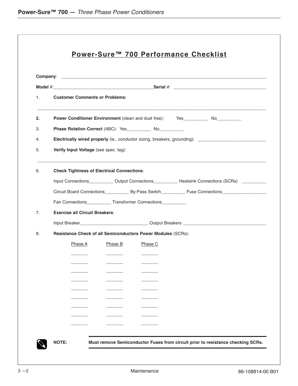 Power-sure™ 700 performance checklist, Three phase power conditioners, Power-sure™ 700 | MGE UPS Systems POWER-SURE 700 User Manual | Page 24 / 52