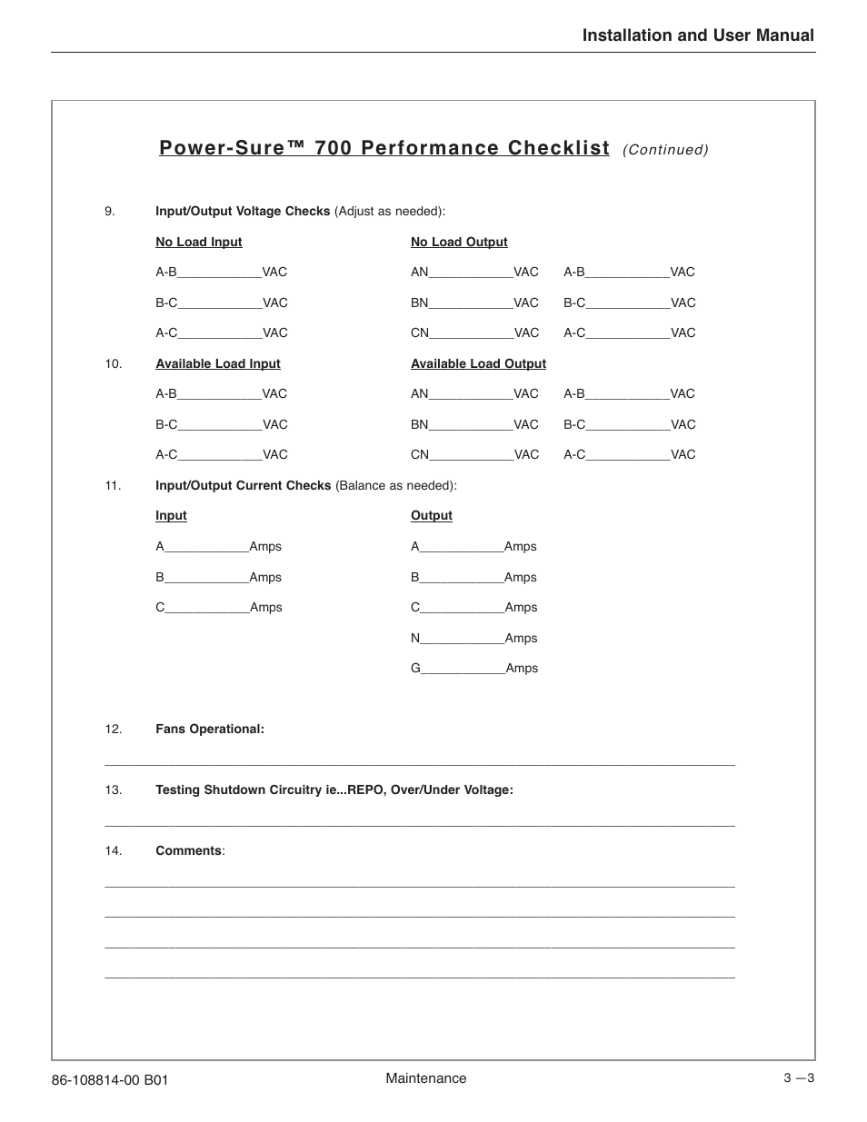 Power-sure™ 700 performance checklist, Installation and user manual | MGE UPS Systems POWER-SURE 700 User Manual | Page 25 / 52