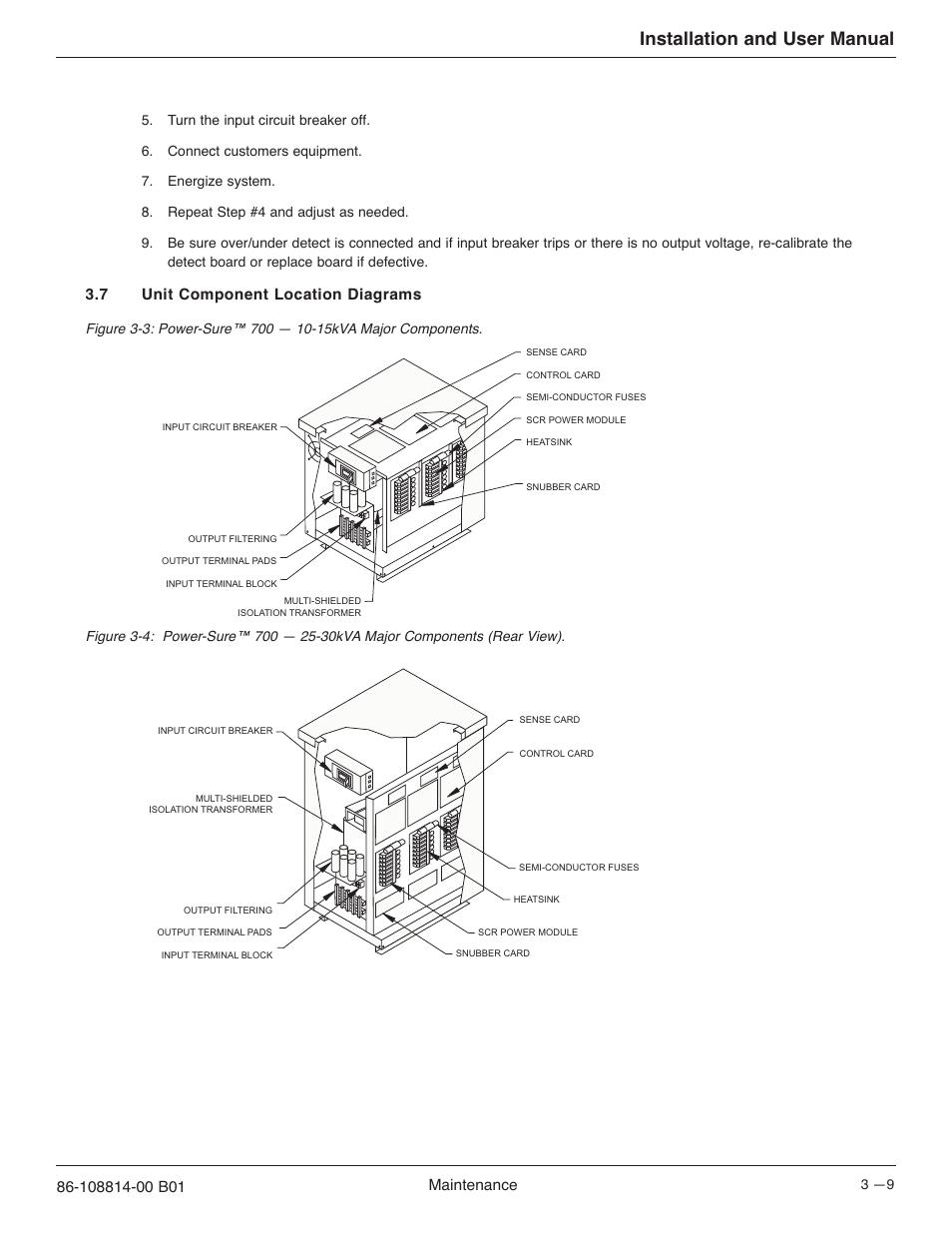 Installation and user manual, Maintenance, 7 unit component location diagrams | MGE UPS Systems POWER-SURE 700 User Manual | Page 31 / 52