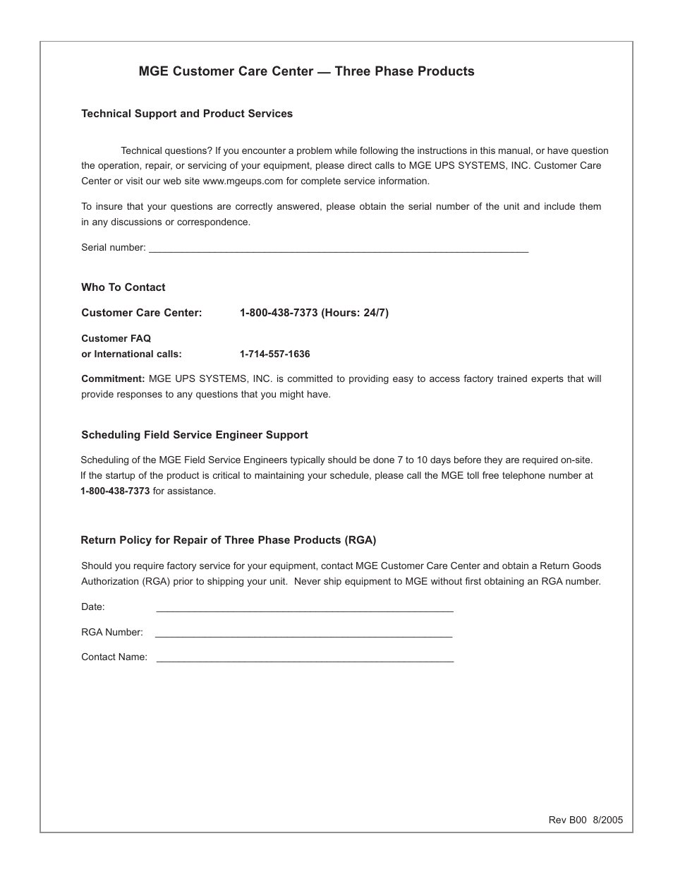 Mge customer care center — three phase products | MGE UPS Systems POWER-SURE 700 User Manual | Page 48 / 52