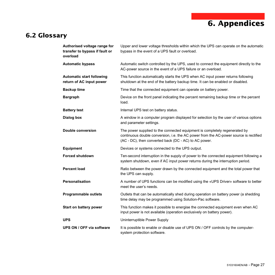 Appendices, 2 glossary | MGE UPS Systems EX 1500 User Manual | Page 27 / 28