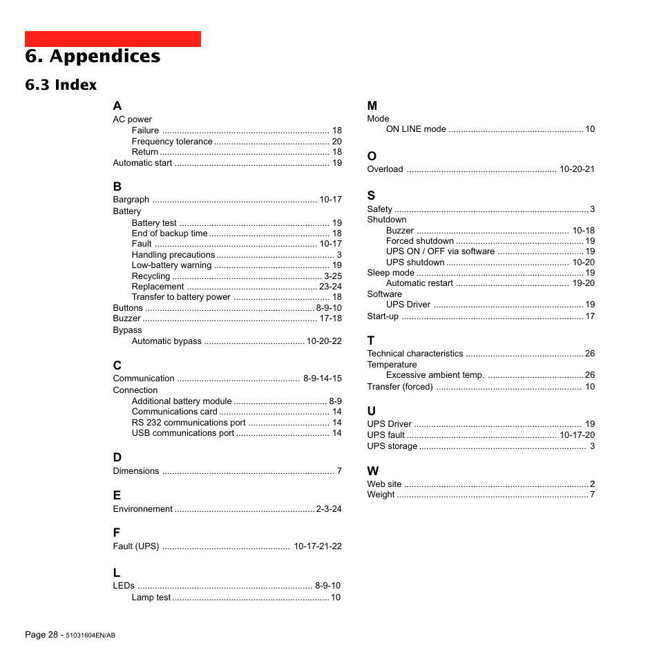 Appendices, 3 index | MGE UPS Systems EX 1500 User Manual | Page 28 / 28