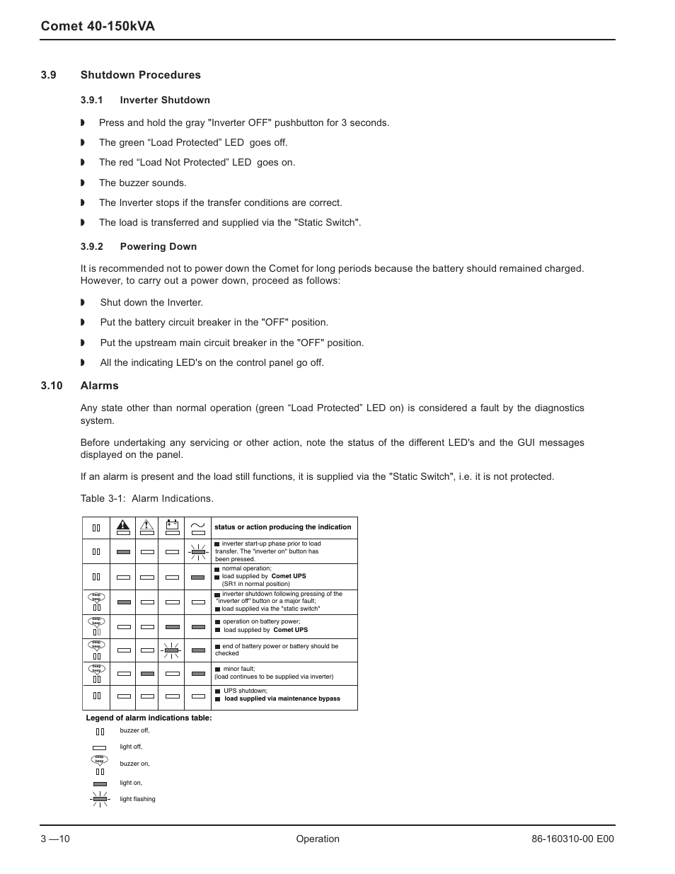 9 shutdown procedures, 10 alarms | MGE UPS Systems 40-150kVA User Manual | Page 42 / 56