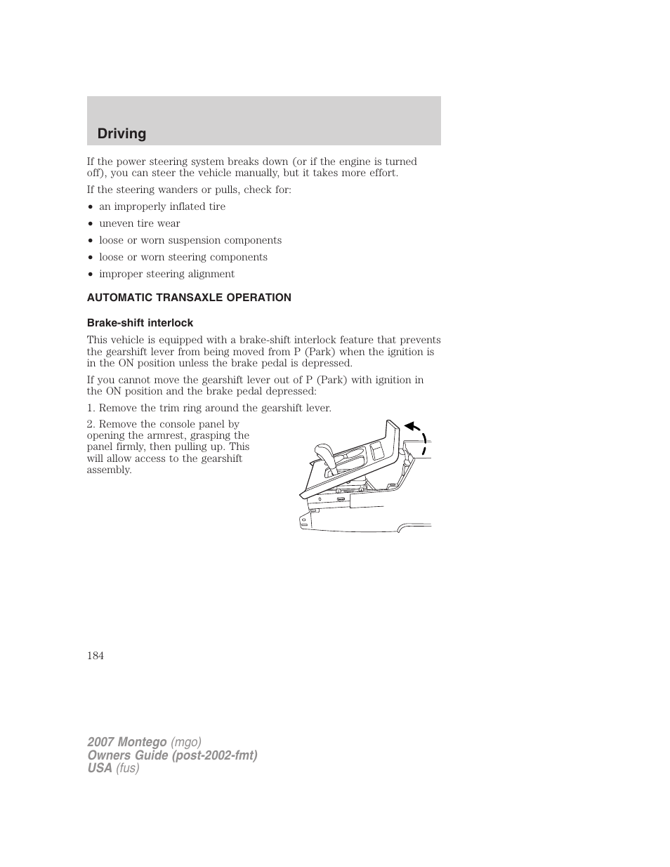 Automatic transaxle operation, Brake-shift interlock, Transmission operation | Driving | Mercury Montego 2007s User Manual | Page 184 / 280