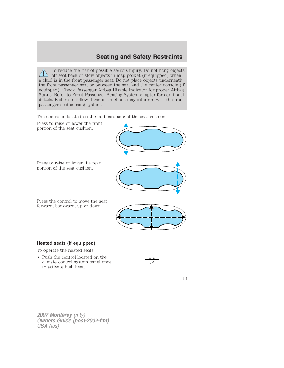 Heated seats (if equipped), Seating and safety restraints | Mercury Mariner Hybrid 2007 User Manual | Page 113 / 312