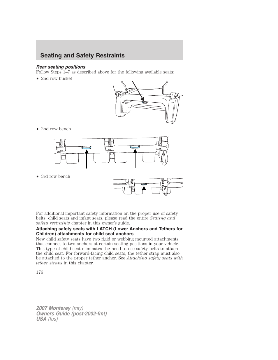 Rear seating positions, Seating and safety restraints | Mercury Mariner Hybrid 2007 User Manual | Page 176 / 312