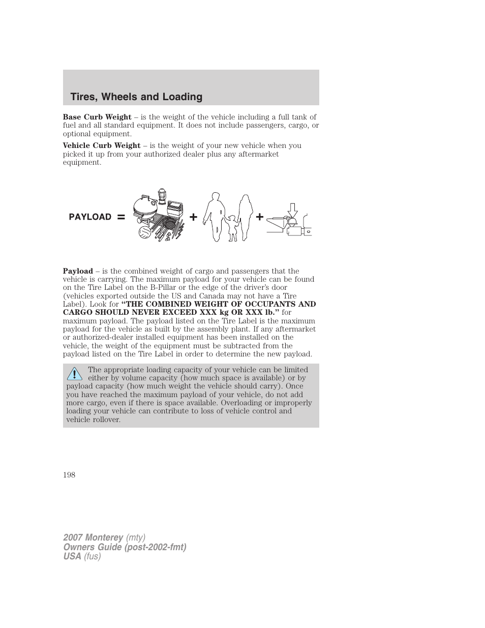 Tires, wheels and loading | Mercury Mariner Hybrid 2007 User Manual | Page 198 / 312