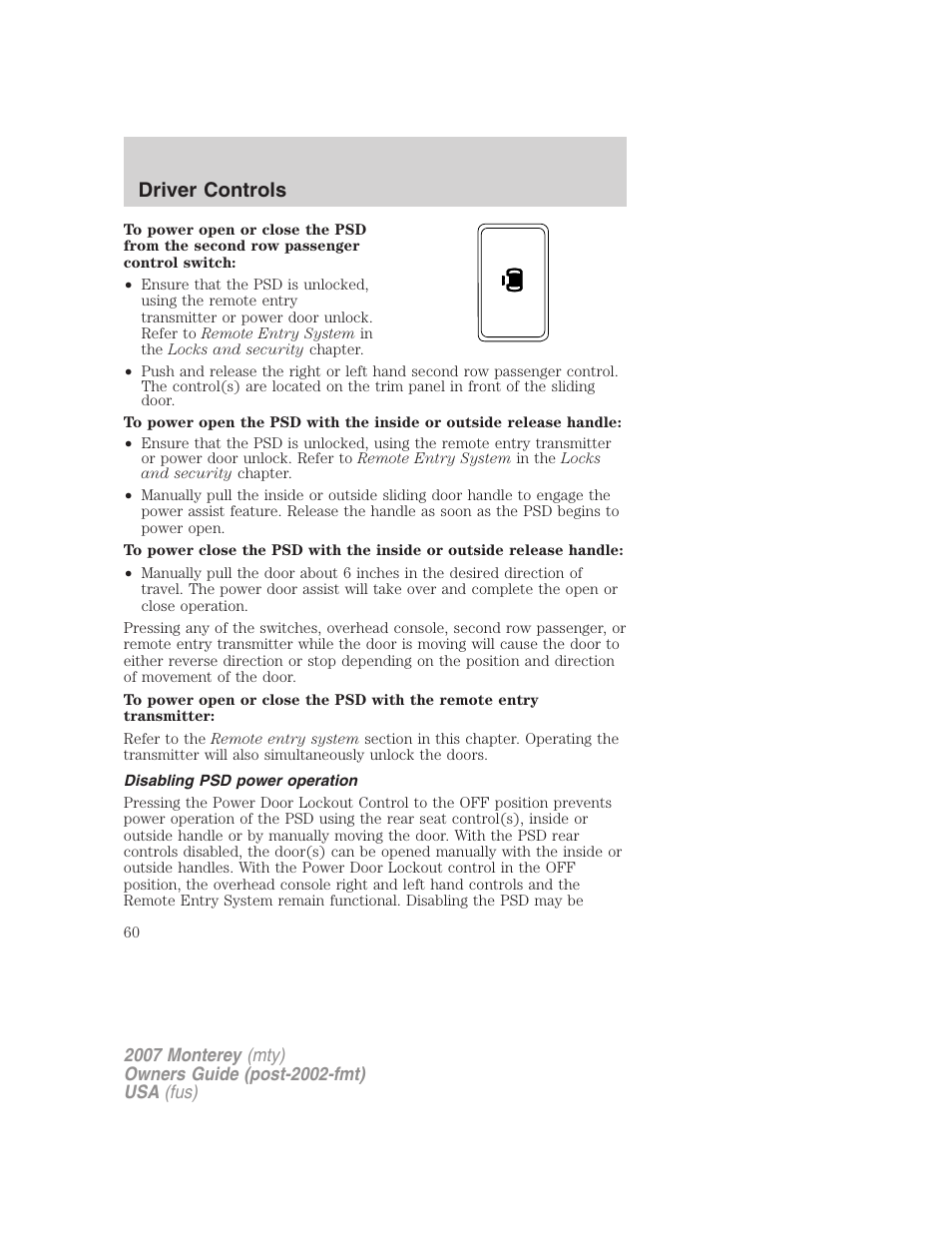 Disabling psd power operation, Driver controls | Mercury Mariner Hybrid 2007 User Manual | Page 60 / 312