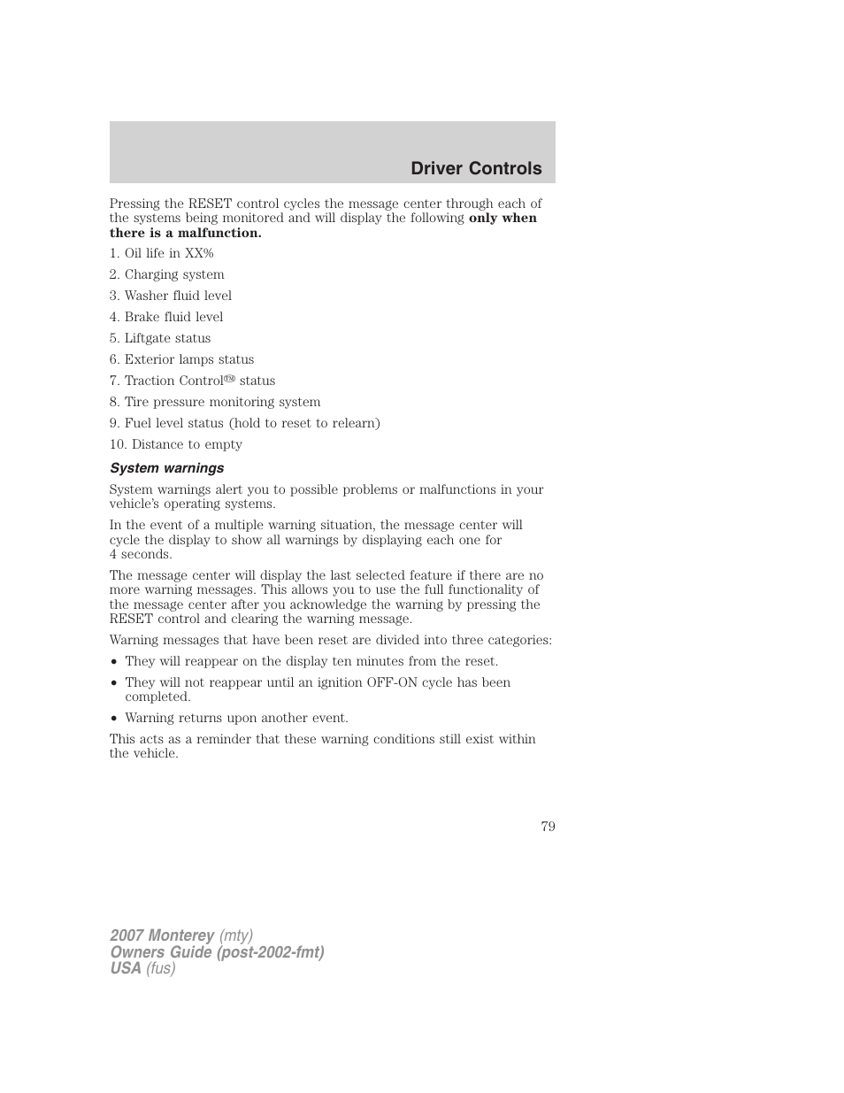 System warnings, Driver controls | Mercury Mariner Hybrid 2007 User Manual | Page 79 / 312