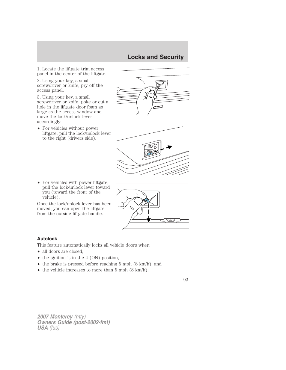 Autolock, Locks and security | Mercury Mariner Hybrid 2007 User Manual | Page 93 / 312