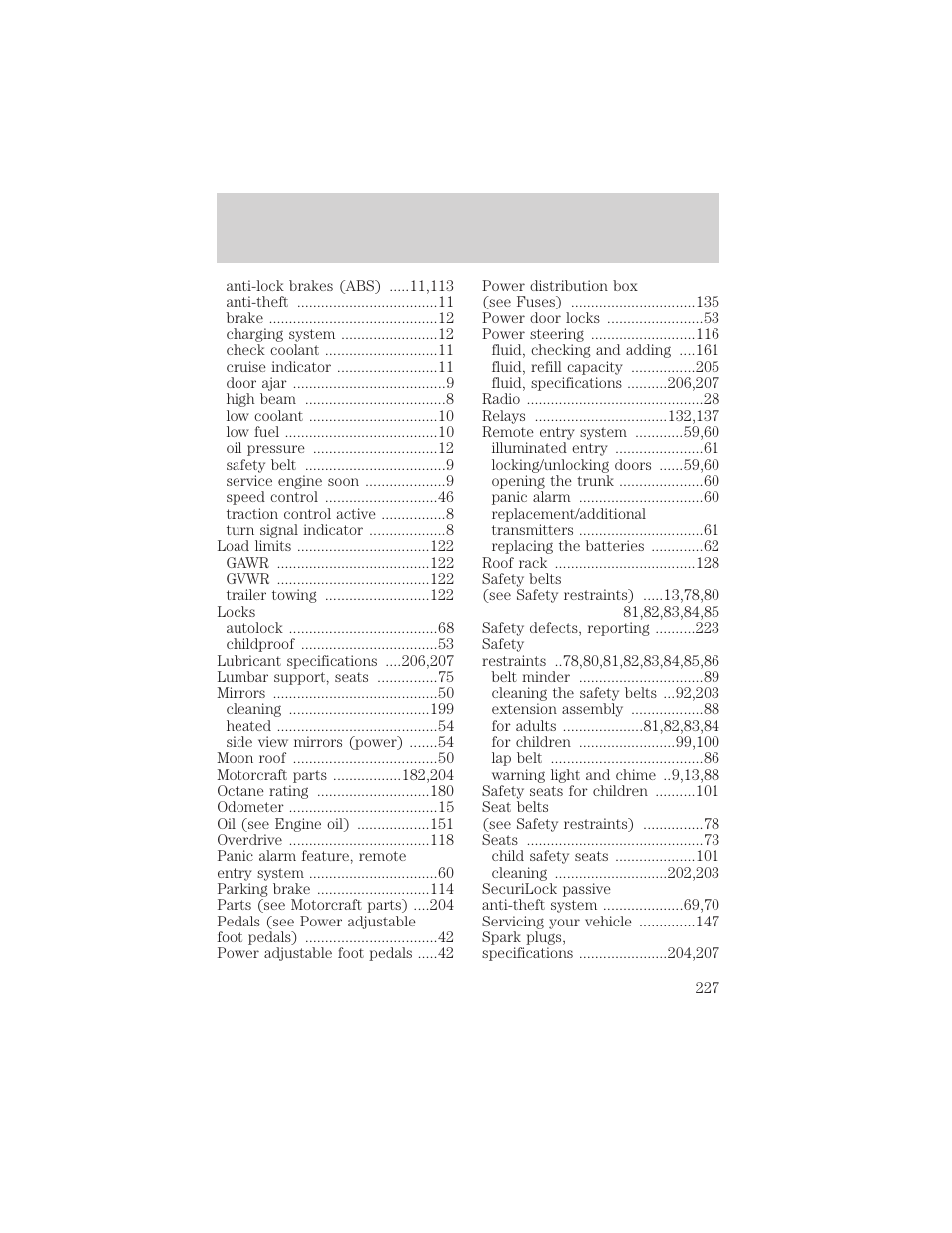 Index | Mercury Sable 2000 User Manual | Page 227 / 232