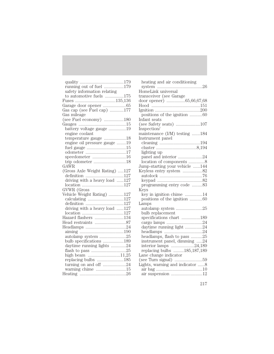 Index | Mercury 2000 Grand Marquis User Manual | Page 217 / 224