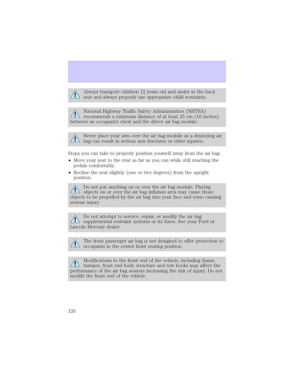 Seating and safety restraints | Mercury Grand Marquis 2002 User Manual | Page 126 / 248