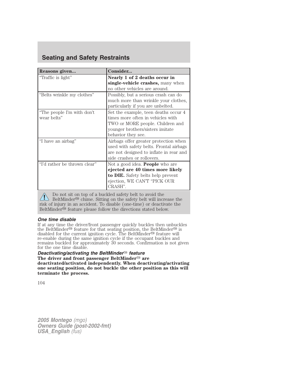 One time disable, Deactivating/activating the beltminder feature, Seating and safety restraints | Mercury Mountaineer 2005 User Manual | Page 104 / 264