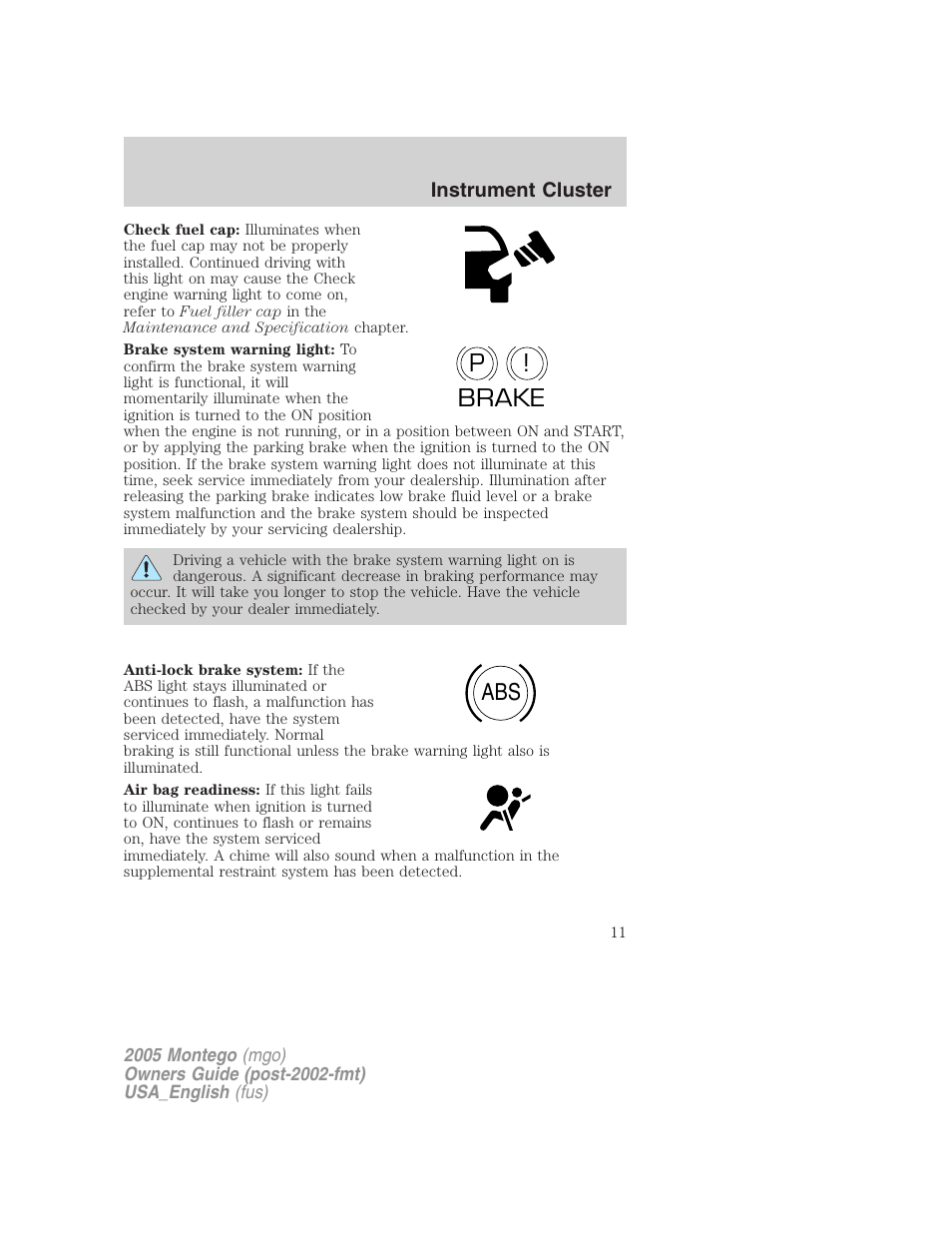 P! brake abs | Mercury Mountaineer 2005 User Manual | Page 11 / 264