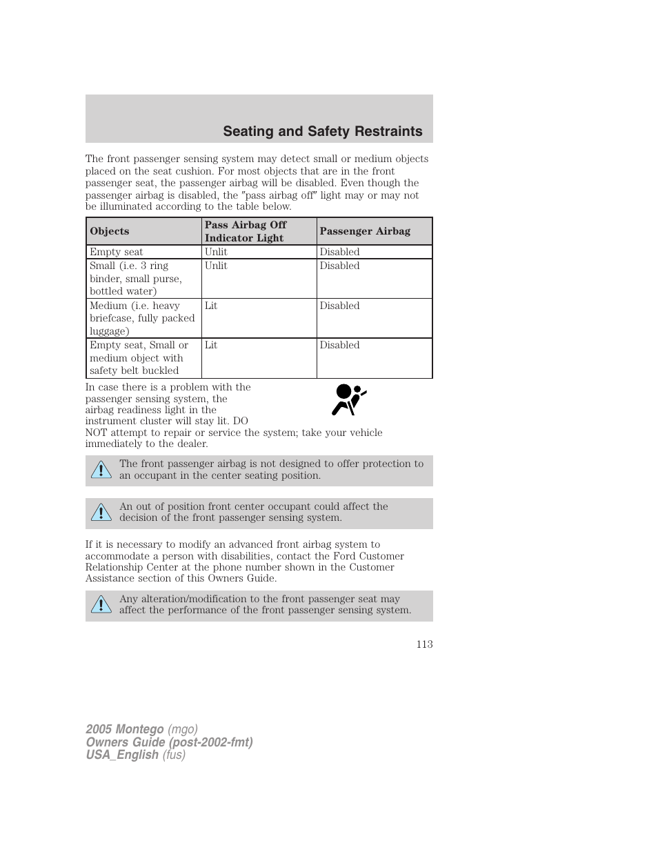 Seating and safety restraints | Mercury Mountaineer 2005 User Manual | Page 113 / 264