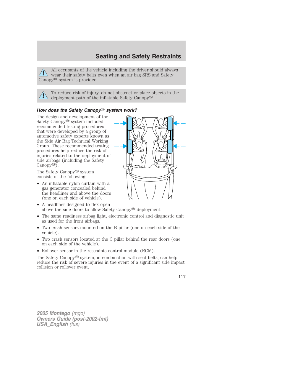 How does the safety canopy system work, Seating and safety restraints | Mercury Mountaineer 2005 User Manual | Page 117 / 264
