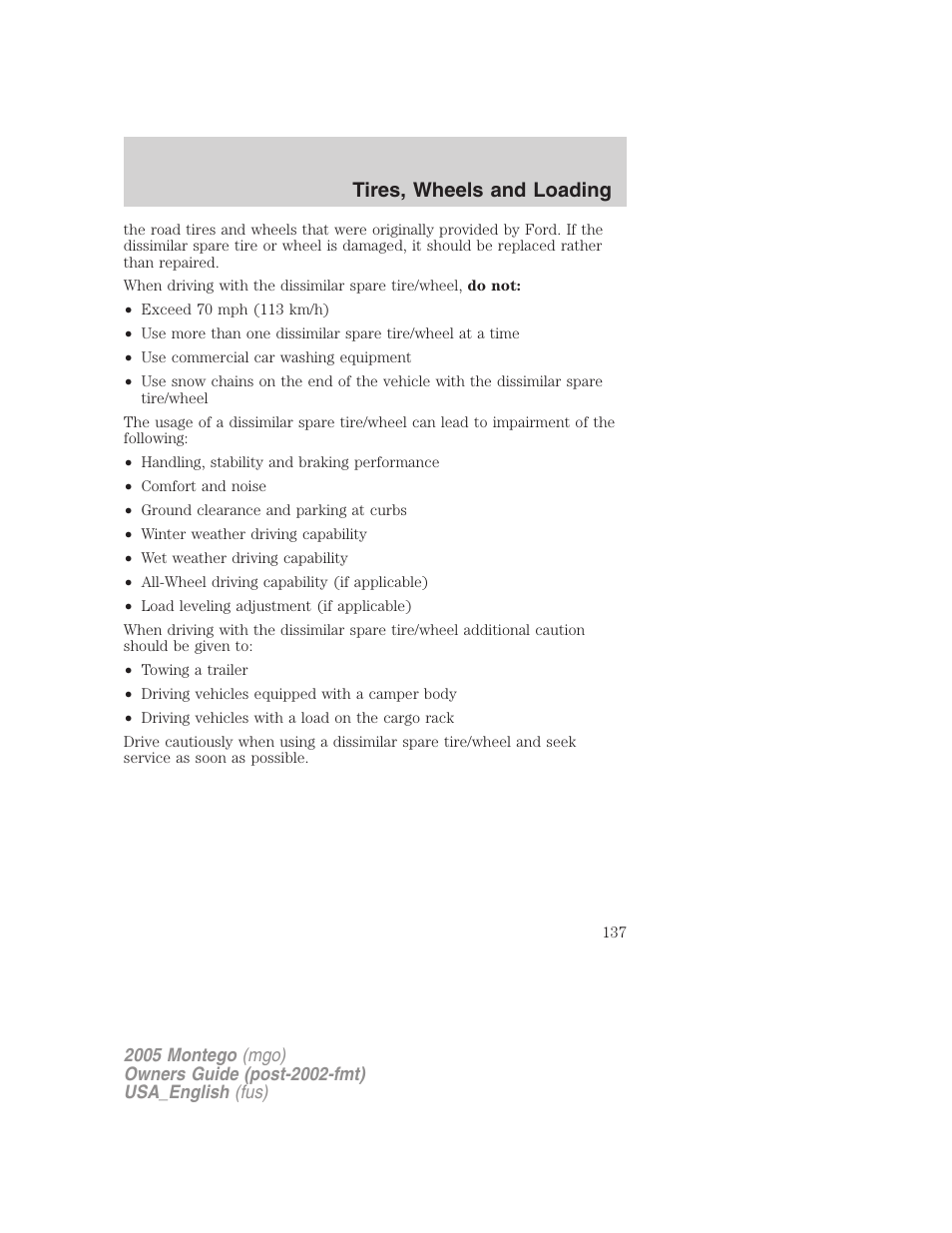Tires, wheels and loading | Mercury Mountaineer 2005 User Manual | Page 137 / 264
