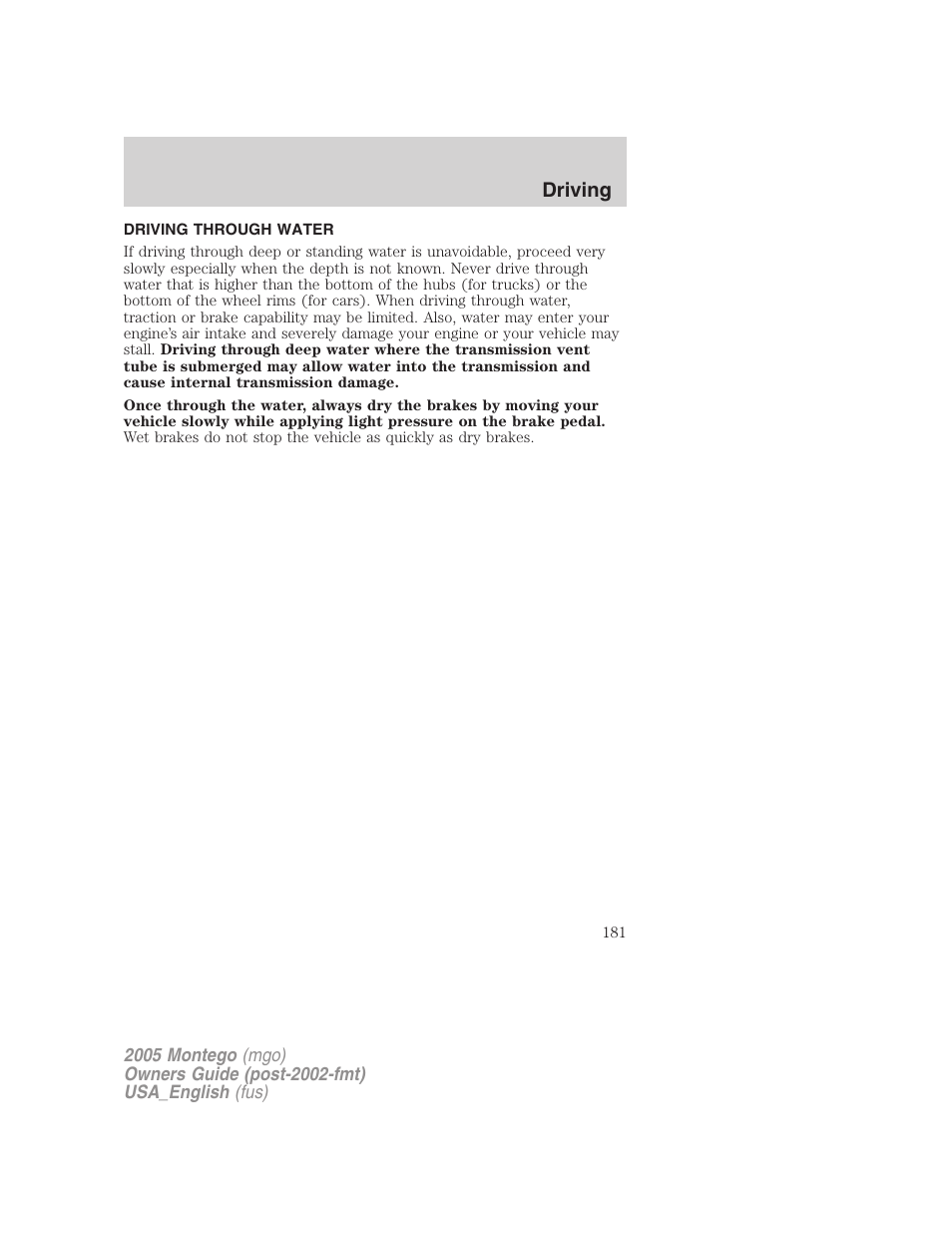 Driving through water, Driving | Mercury Mountaineer 2005 User Manual | Page 181 / 264
