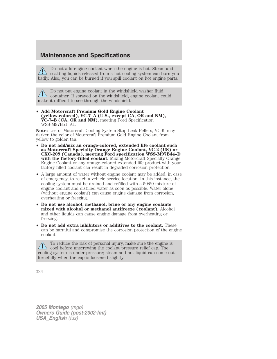 Maintenance and specifications | Mercury Mountaineer 2005 User Manual | Page 224 / 264
