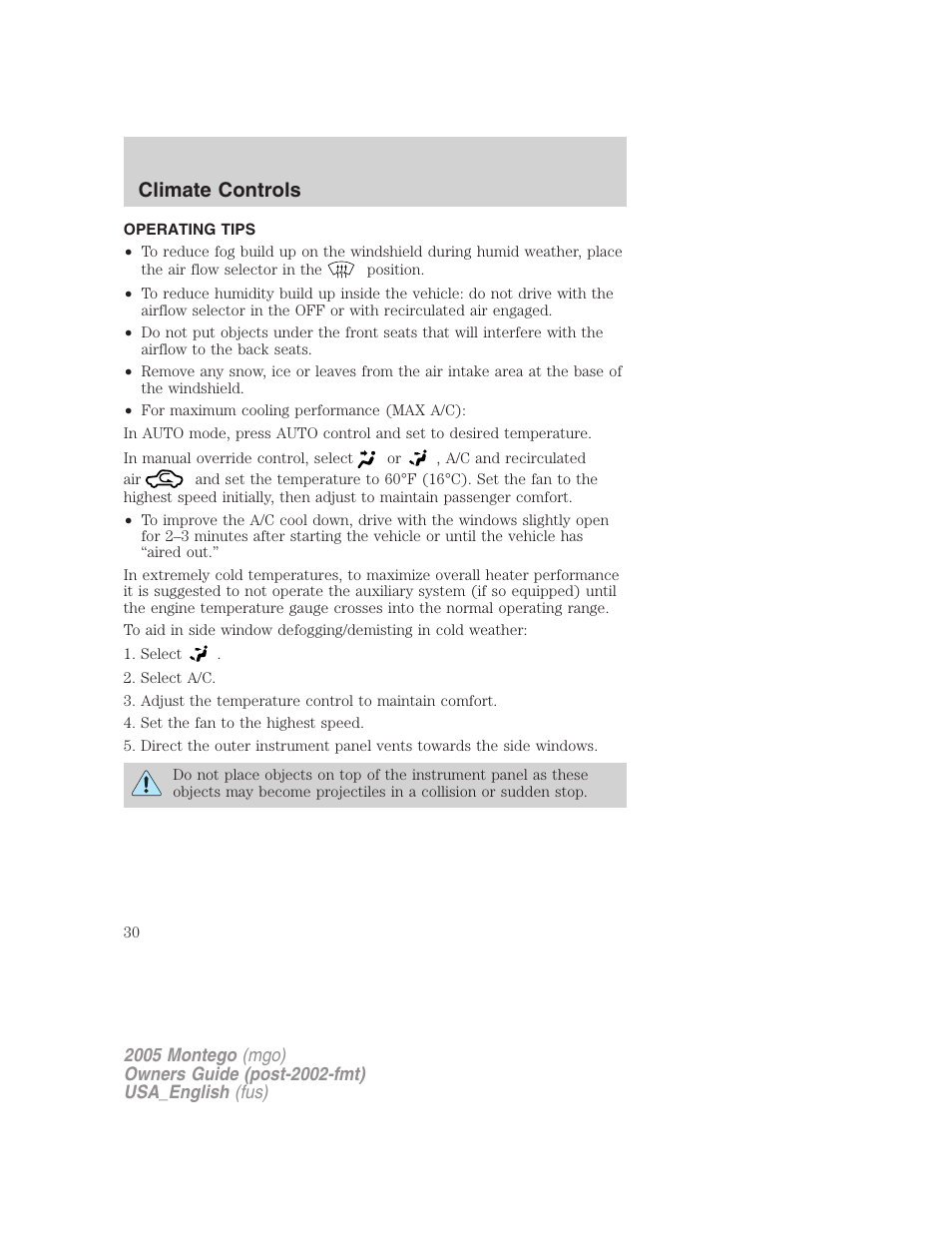 Operating tips, Climate controls | Mercury Mountaineer 2005 User Manual | Page 30 / 264