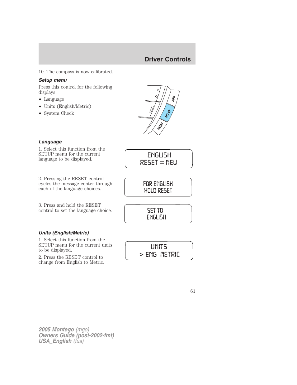 Setup menu, Language, Units (english/metric) | Driver controls | Mercury Mountaineer 2005 User Manual | Page 61 / 264