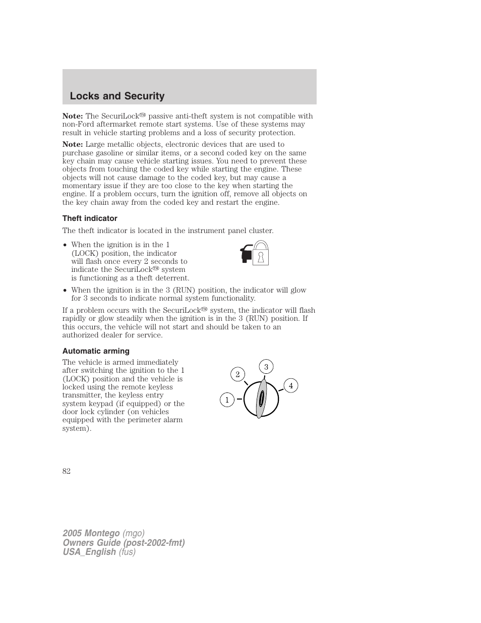Theft indicator, Automatic arming, Locks and security | Mercury Mountaineer 2005 User Manual | Page 82 / 264