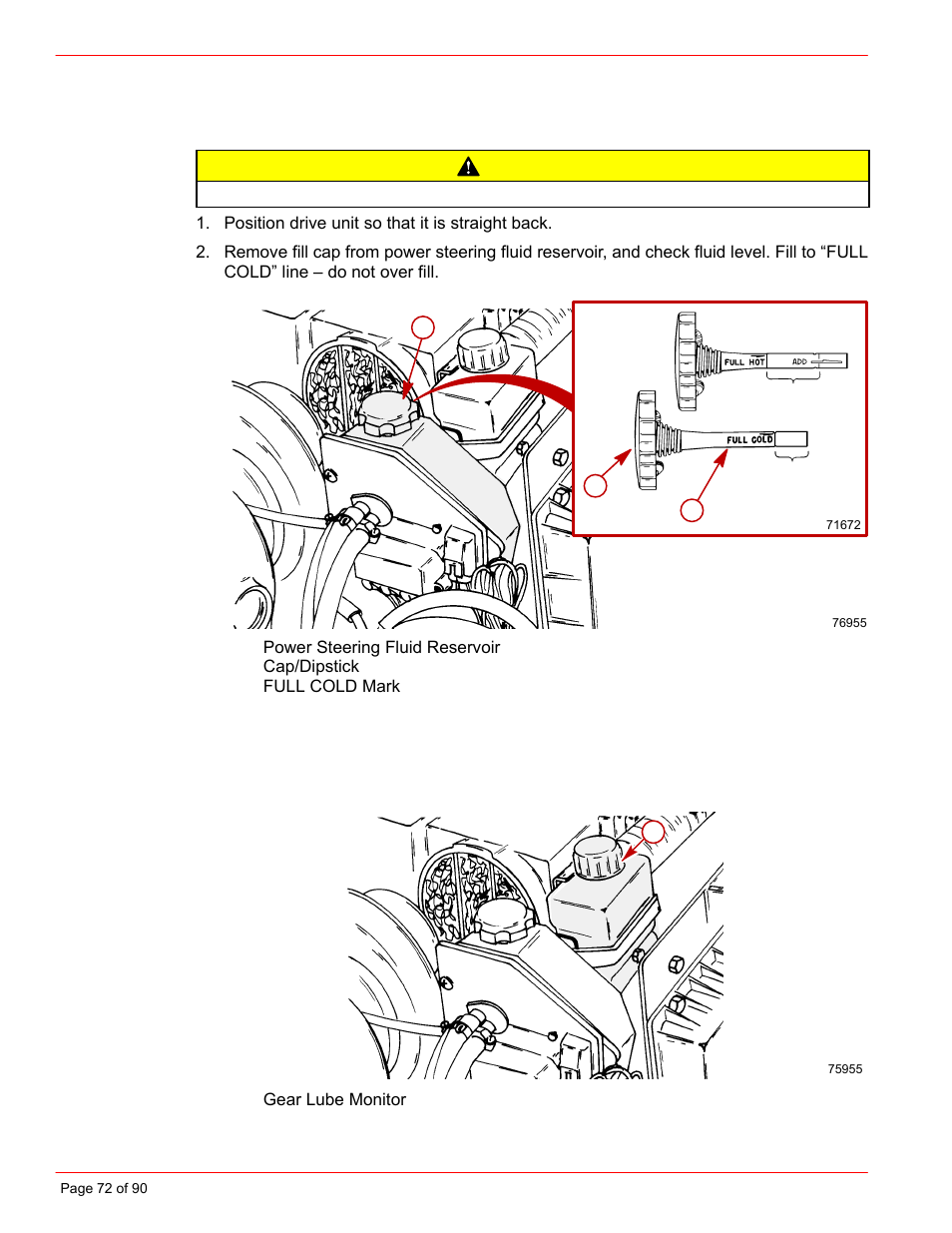 Caution, Power steering fluid, Drive unit gear lube monitor | Mercury INSTALLATION MANUAL D7.3L D-TRONIC User Manual | Page 72 / 90