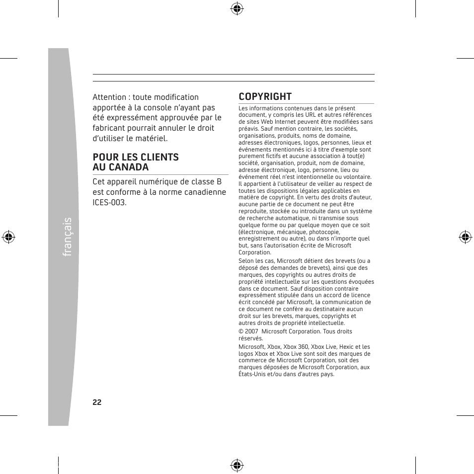 Fr an ça is, Pour les clients au canada, Copyright | Microsoft 120 GB Hard Drive User Manual | Page 22 / 44