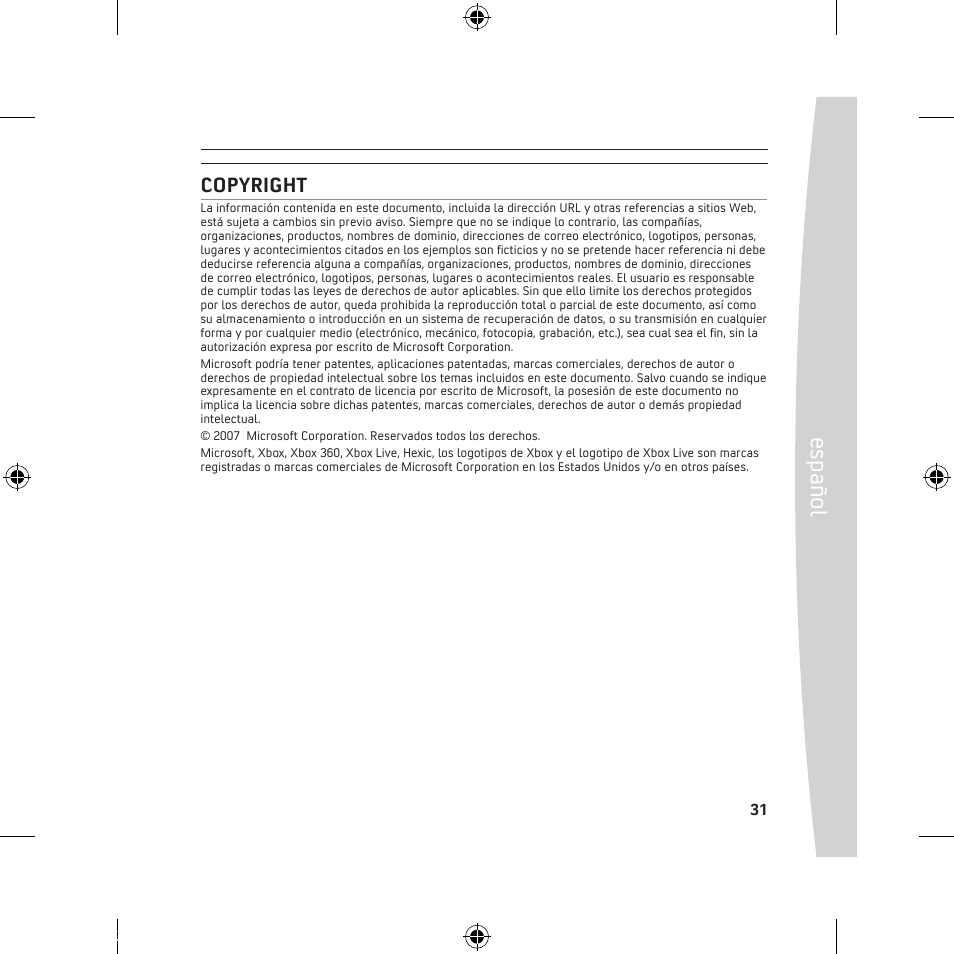 Es pa ño l, Copyright | Microsoft 120 GB Hard Drive User Manual | Page 31 / 44