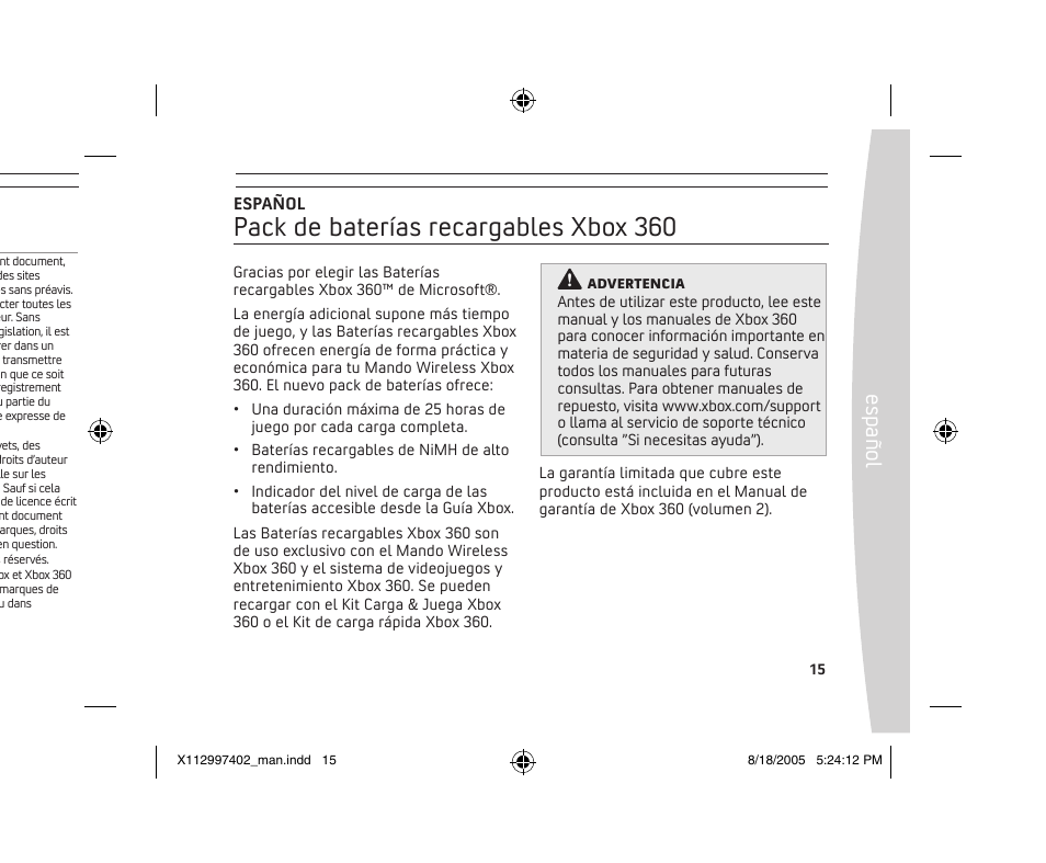 Pack de baterías recargables xbox 360, Es pa ño l, Copyright | Microsoft X11-29974-02 User Manual | Page 15 / 76