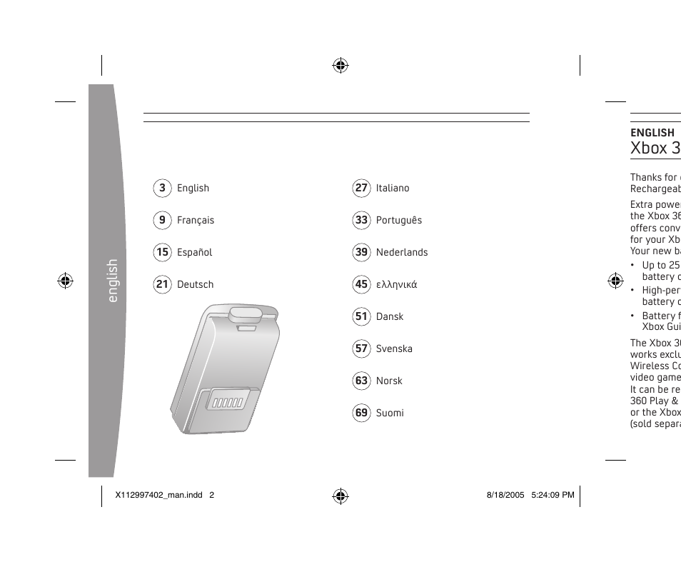 Xbox 360 rechargeable battery pack, En gl is h | Microsoft X11-29974-02 User Manual | Page 2 / 76